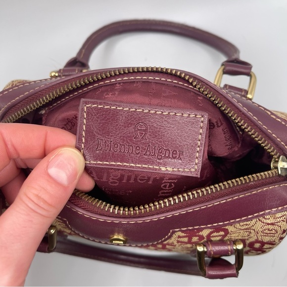Etienne Aigner Vintage Handbag Burgundy Dark‎ Red Leather Tan Canvas Logo Purse - Picture 10 of 11